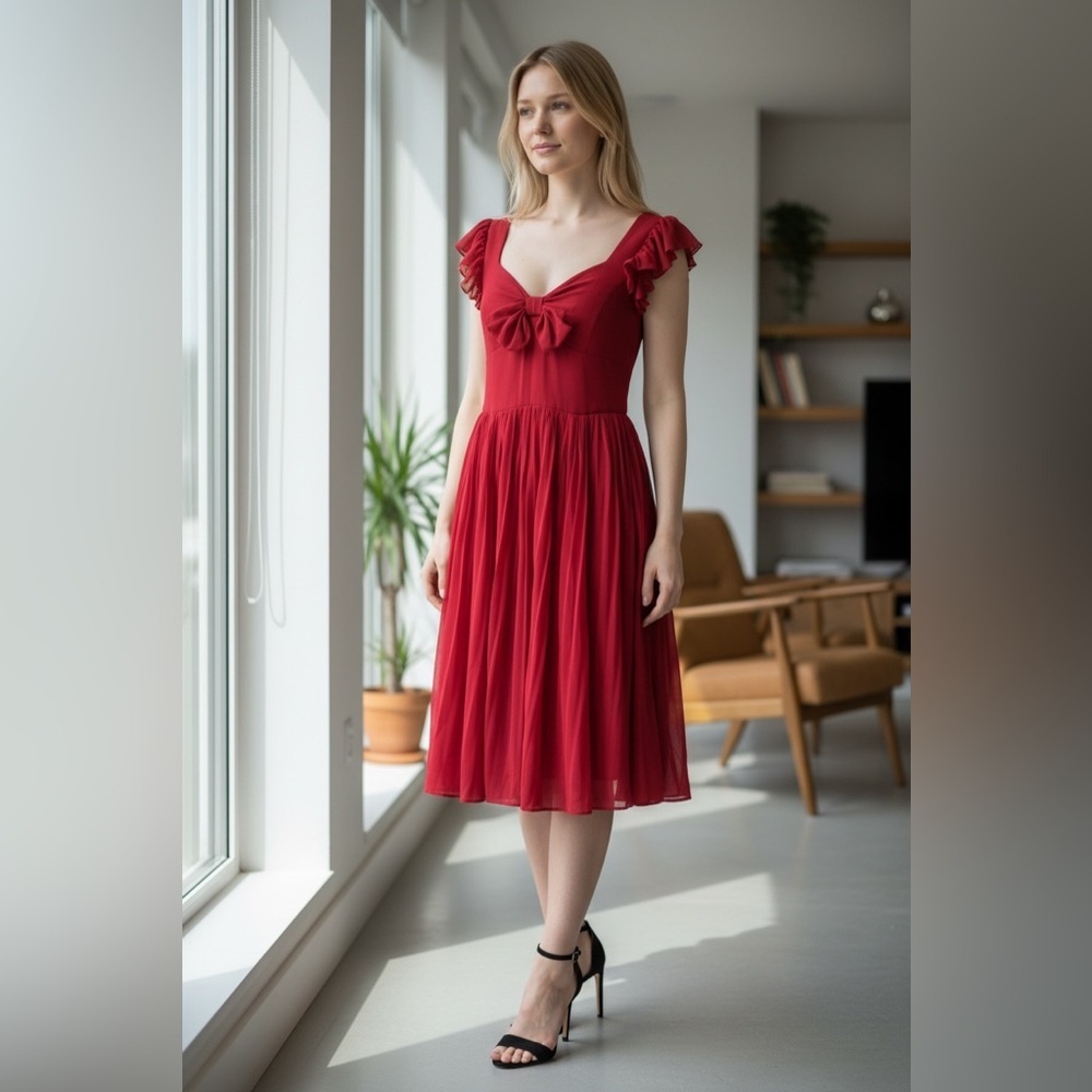 Eshakti Elegant Red Midi Dress With Ruffles Pleats and Bow Detail Size XL